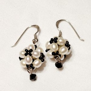 Sterling Genuine Freshwater Pearl, Seedbeads and Crystal Crochet Drop Earrings